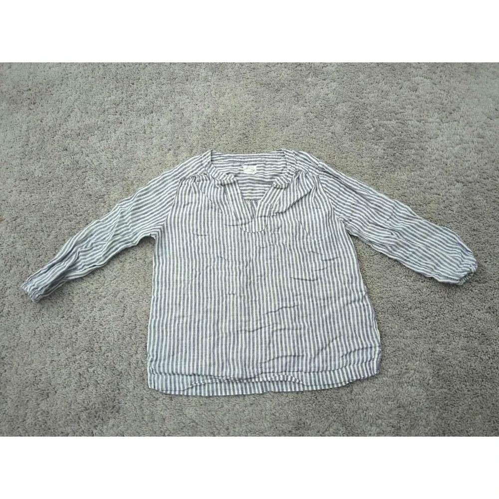 Sigrid‎ Olsen Shirt Womens XS Blue Vertical Stripes 3/4Sleeve Split V-Neck Linen